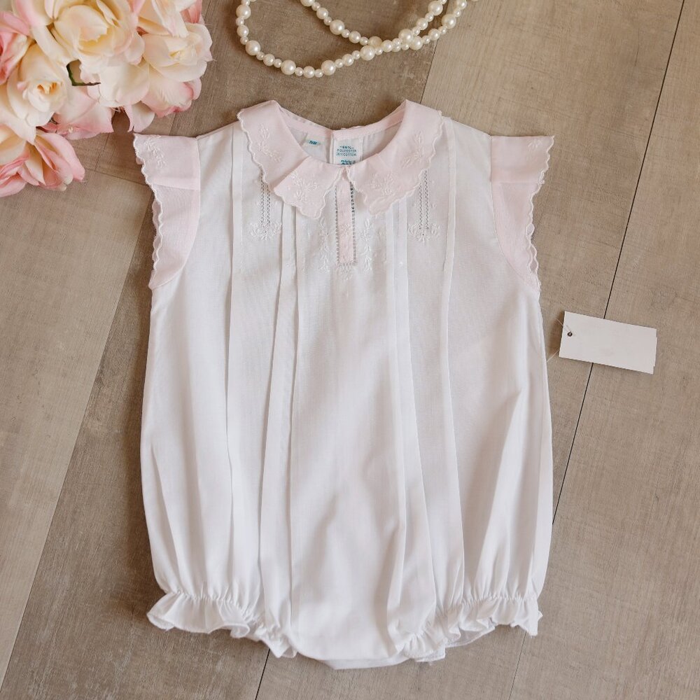 White and Pink Heirloom Collection Vintage Fly Sleeve Romper Newborn/3 Month NWT